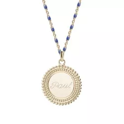 Collier médaille perlée chaine émaillée bleue  - Plaqué or