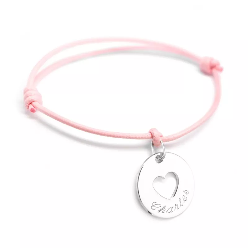 bracelet cordon personnalisé médaille coeur argent
