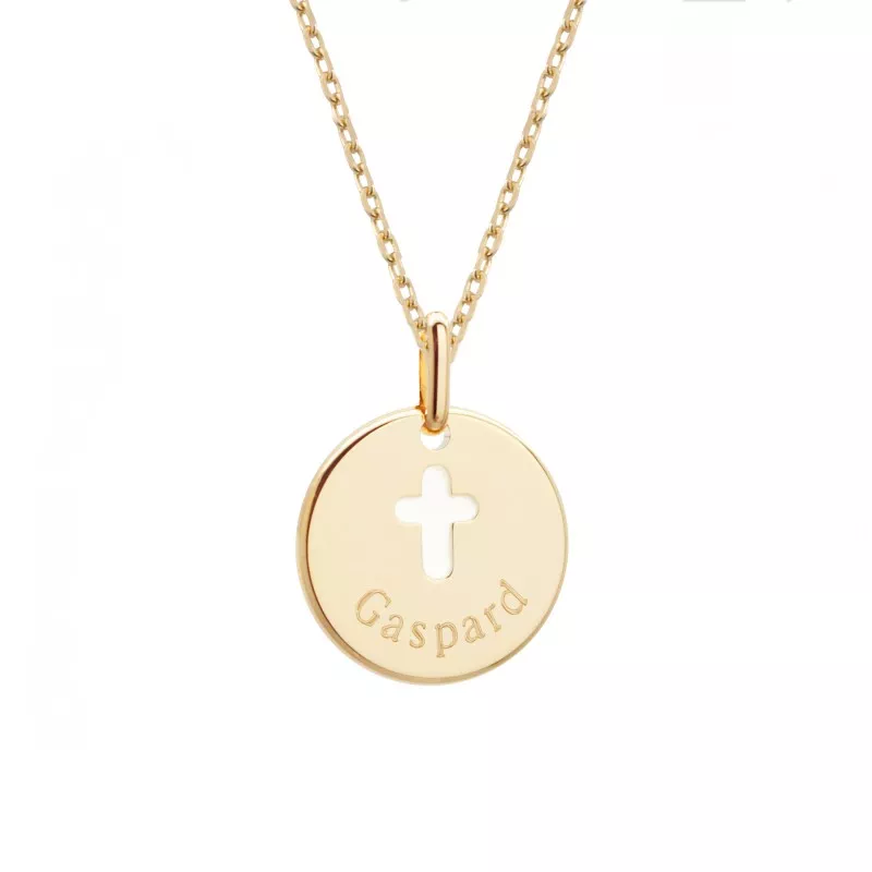 collier médaille croix laquée ivoire enfant à graver plaqué or collier médaille croix laquée ivoire enfant à graver plaqué or